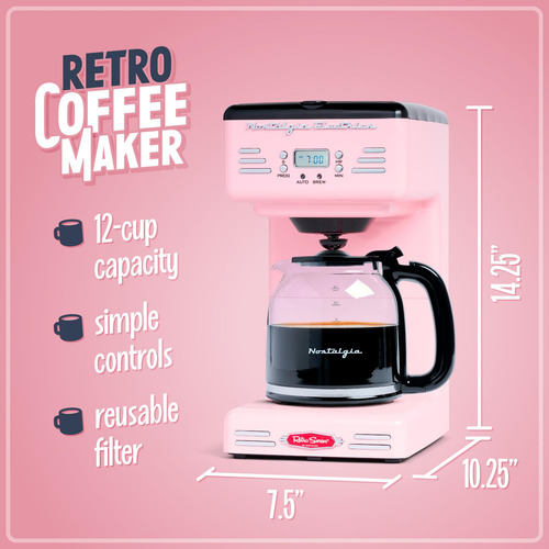 Cafetera Programable Retro 12 Tazas Rosa Con Pantalla Led