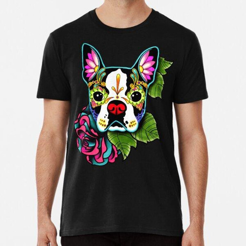 Remera Boston Terrier En Negro - Día De Los Muertos Sugar Sk