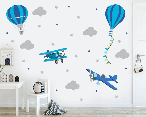 Adesivo De Parede Decoração Infantil Aviões Balões Azul