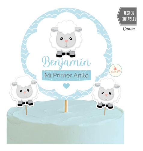 Kit Imprimible Ovejita Bebe Celeste + Banner, Texto Editable