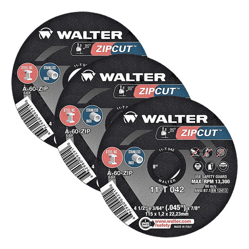 Kit Discos De Corte Walter Zipcut 3 Peças 4.1/2' X 7/8'