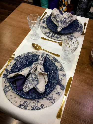 Kit Mesa Posta Jantar 8 Lugares Toile De Jouy Azul Em Linho