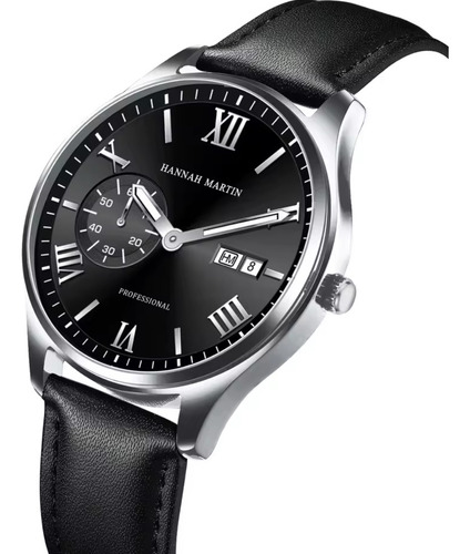 Reloj Hombre Hannah Martin 1233yh Cuero Plateado Negro Plateado Negro