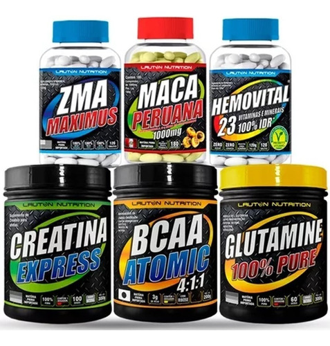 Kit Suplementos Maca Bcaa Pó Zma Crea Gluta Hemovital Lauton