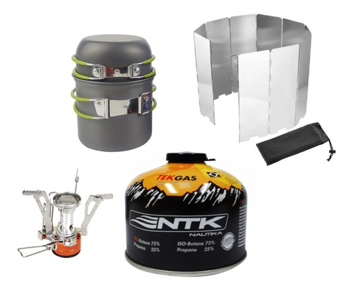 Kit Olla Camping + Protector De Viento Para Cocinilla + Gas