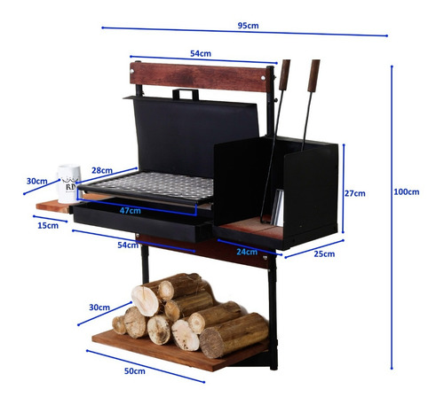 Parrilla Balcón Carbón Premium + Fogonero, Estantes Y Set X2