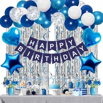Comprar Set de Globos Azules y Plateados con Borlas Metálicas y Cortinas Banner de Feliz Cumpleaños para Decoración de Fiesta Decoración con Globos de Estrella y Corazón de Foil