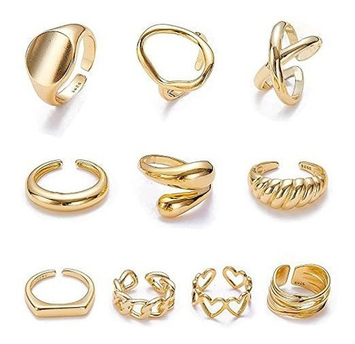 10 Anillos Ajustables Para Mujer Enchapados En Oro De 18 K