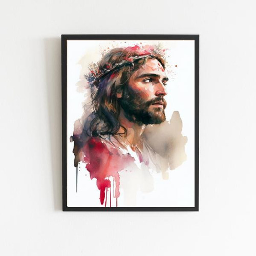 Cuadro de acuarela de Jesucristo, 33 x 24 cm, marco negro