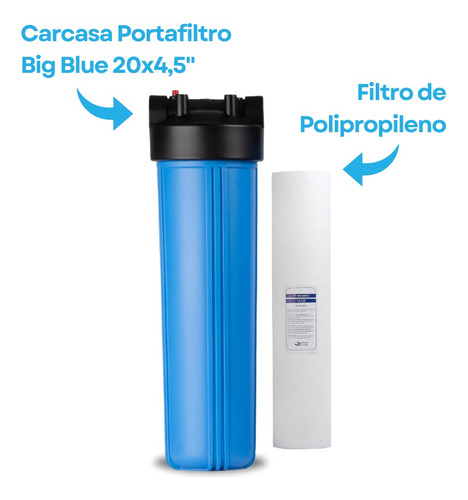 Carcasa 20x4,5 + Filtro Pp Agua Sedimentos Dureza Sarro Azul
