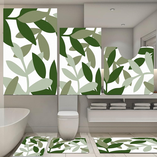 Haull 3 Piezas Green Leaves Bathroom Rugs Set Green Diatomac