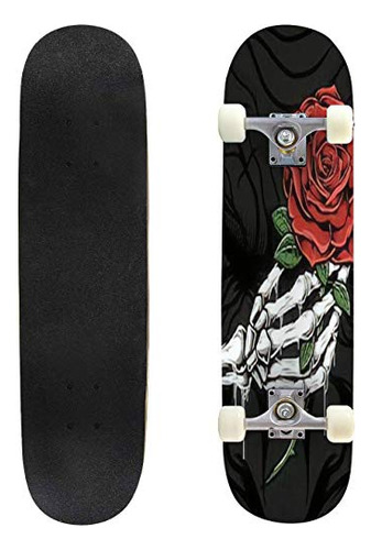 Classic Concave Skateboard Skull Hand Holding A Rose Hand Dr