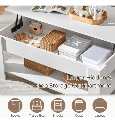 Mesa De Centro Elevable Con Compartimento Y Estante Blanco 1