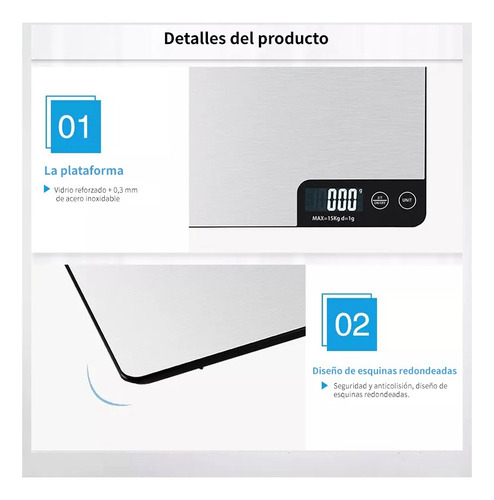 Báscula De Cocina Digital Acero Inoxidable Recargable 15kg