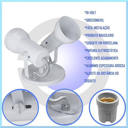 Imagem 4 de 8 de Spot De Luz Duplo Sobrepor 2 Lampadas Par20 Bulbo Kit 5 Unid