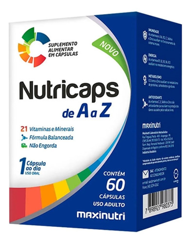 Nutricaps Polivitamínico De A Z Com 60 Cápsulas - Maxinutri Sabor Neutro