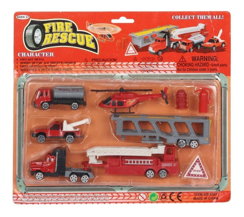 Set 8 Piezas Vehiculos Patrulla Rescate Camion Helicoptero Color Rojo Personaje Bombero