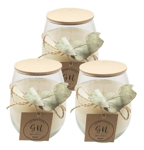 Kit X 3 Velas De Cera De Soja Vidrio C/ Tapa De Madera 