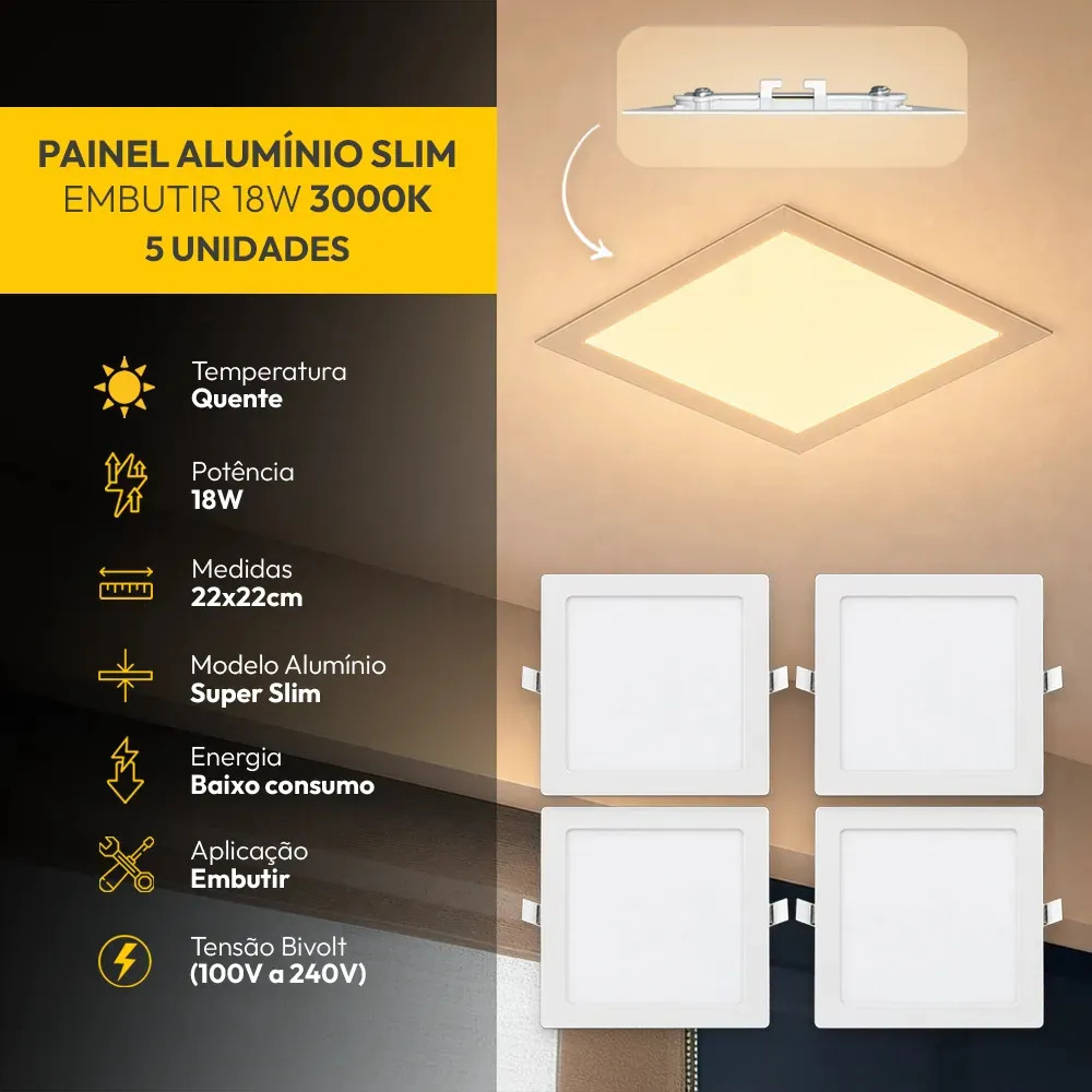 Kit 5 Painel Led Plafon Aluminio Super Slim Embutir 18w 3000k Branco Quente 22x22 Quadrado Espessura Fina Branco Cod: Alut190070-5 Alut By Avant