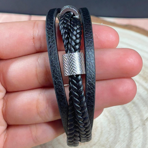 Pulsera De Cuero Genuino + Acero Inoxidable Elegante Hombre