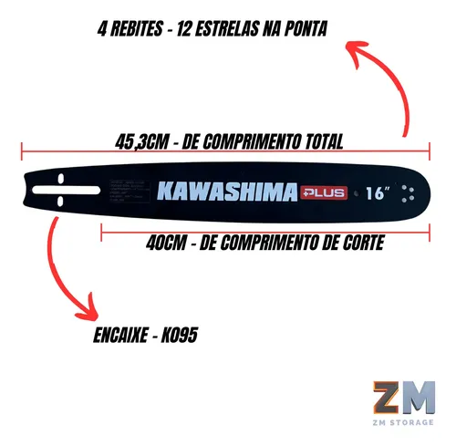 Sabre Motosserra Kawashima 16p 325'' + Corrente 32 Dentes