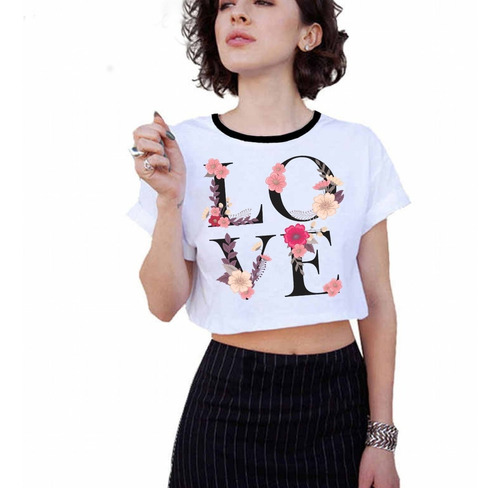  Playera Crop Top  Cuello C/negro / Blanco L O V E / Love