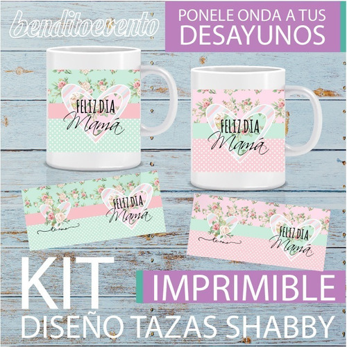 Kit Imprimible Dia De La Madre Shabby Tazas Sublimar Mockup