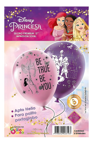 Globo 12  Premium Princesas De Disney X6 - Cotillón Waf