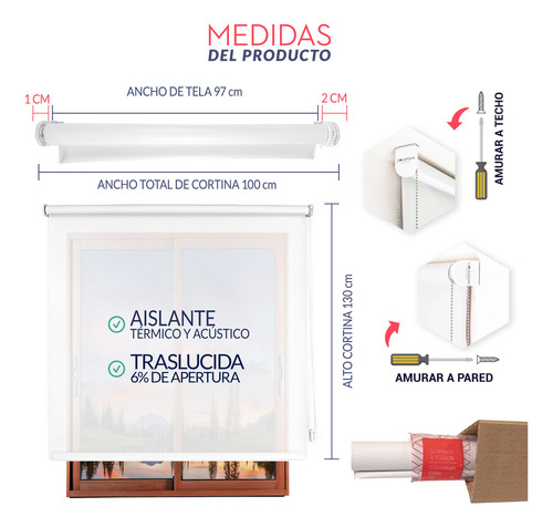 Cortina Roller Sunscreen 80x200 Cm Coversun Traslucida Sunscreen Mesh 6% / 10% Blanco, Facil Instalacion, Tela Pvc Resistente, Soportes Metalicos, 80 Ancho X 200 Alto Blanco