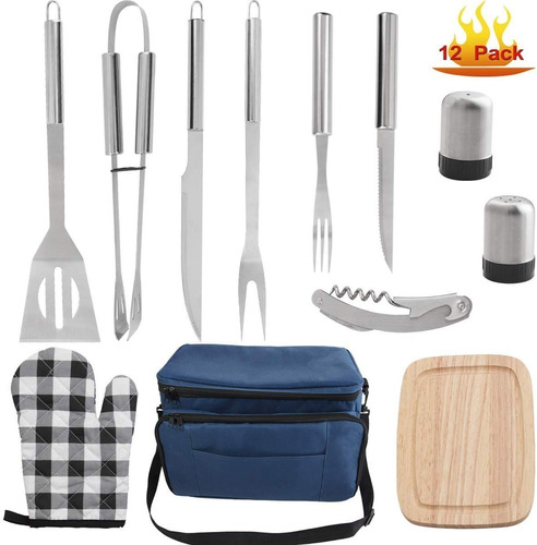 Kit D Utensilios Asador Cubiertos Camping C/hielera 12pz Azl