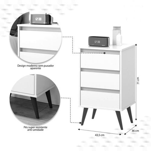 Mesa De Cabeceira Wood Retro 3 Gavetas Branco