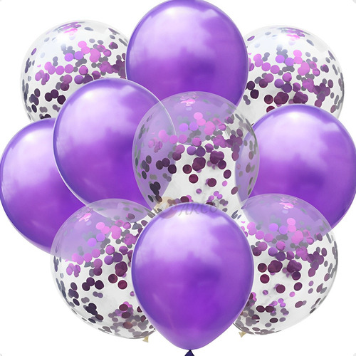 Set Decoración Globo Cromo Confetti X 10 Cotillón Violeta