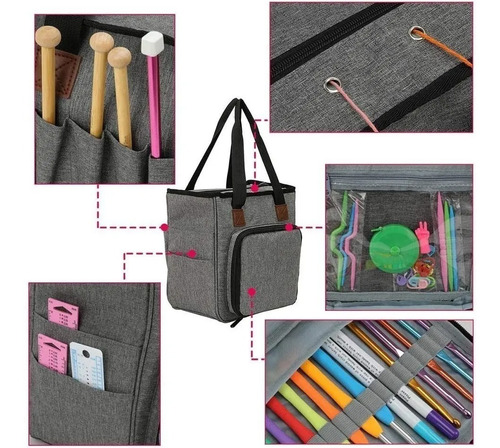 Imagen 2 de 4 de Bolso Porta Tejido Lana Palillos Crochet Tipo Cartera Grande