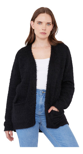 Chaleco Mujer Negro Peludo Cardigan Corona