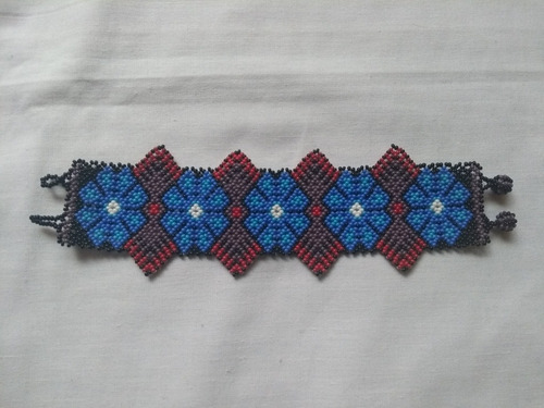 Pulsera Arte Huichol Auténtica Flores Azules Chaquira (Usado)