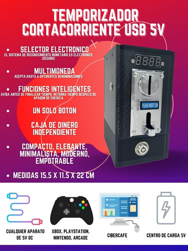 Timer Cortacorriente Usb Multimonedas Cibercafe Xbox Arcade