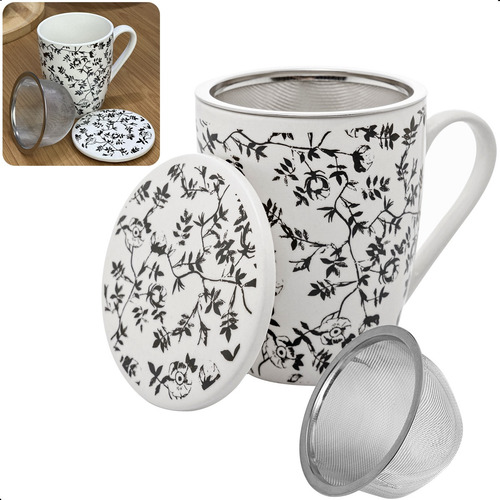 Caneca De Porcelana Com Tampa E Filtro P/chá Café 310ml Lyor