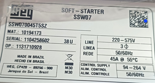 Soft Starter Weg Ssw07 45a 220-575v 30cv 380v / 15cv 220v