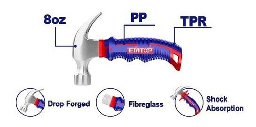 Martillo Con Uña Corto 8oz Con Mango De Goma