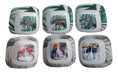 Set X6 Bowls Cuadrados Melamina 15,5x15,5cm Diseño Animales