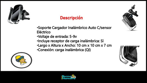 Imagen 3 de 10 de Soporte Cargador Inalámbrico Auto C/sensor Electrico Matader