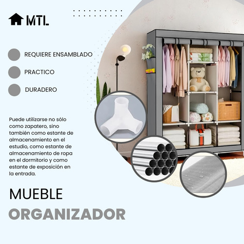 ARMARIO PORTATIL ORGANIZADOR De ROPA PLEGABLE MTL Color Gris Con ESTANTES POLIESTER ANTIHUMEDAD FACIL ARMADO RESISTENTE GUARDARROPA CLOSET PERCHERO HOGAR