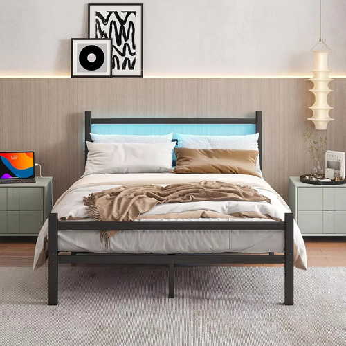 Metal Cama Queen Size Cabecera Luces Led Usb Recamara210x154