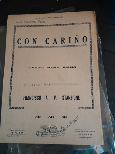 Partitura Tango Piano Con Cariño De La Guardia Vieja Stanzio (Usado)