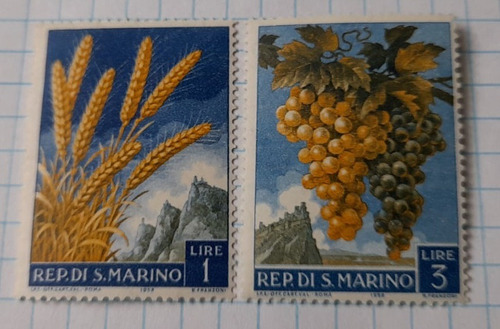Sello Postal - San Marino - Frutos - Trigo / Uva - 1958