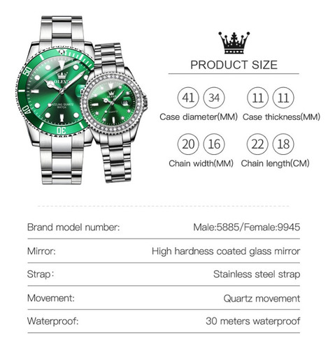 Reloj Olevs De Cuarzo Con Diamantes De Lujo Luminoso De 2 Pi Color Del Fondo Verde Plata