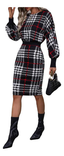 Vestido Ajustado Con Mangas Farol A Cuadros