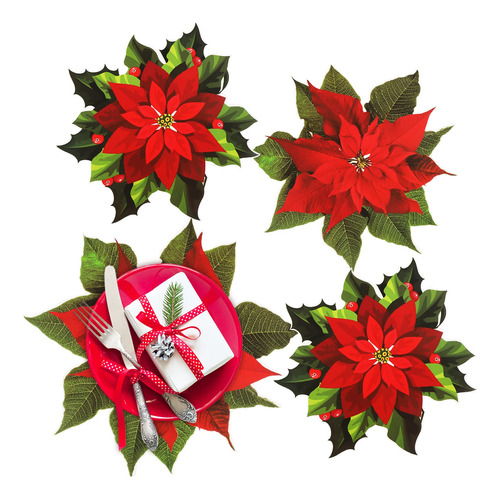 30 Mantel Individual Navidad Poinsettia Flor Bordada Roja In