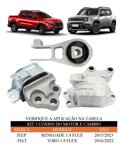 Kit 3 Coxim Do Motor E Cambio Fiat Toro 1.8 2016 17 18 19