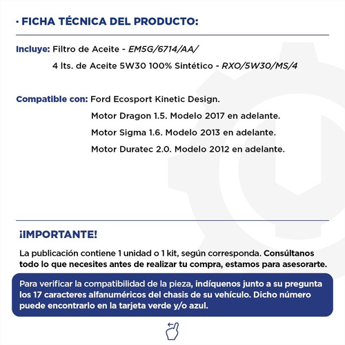 Imagen 2 de 10 de Kit Aceite Sinté Motorcraft 5w30 + Filtro Aceite Ford Ecospo